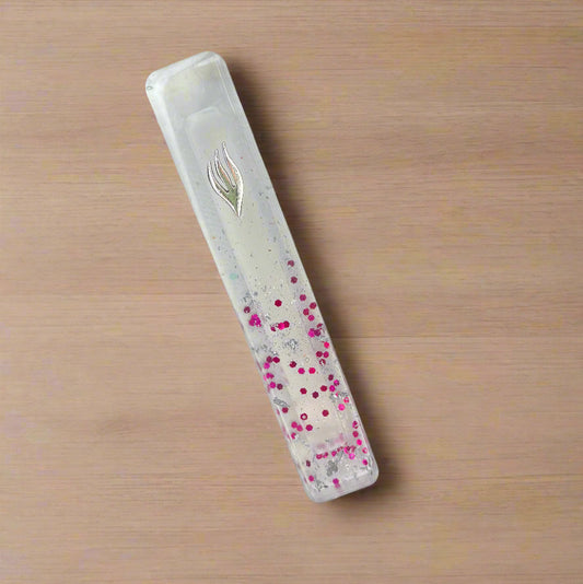 Clear Pink Speckled Flakes Mezuzah