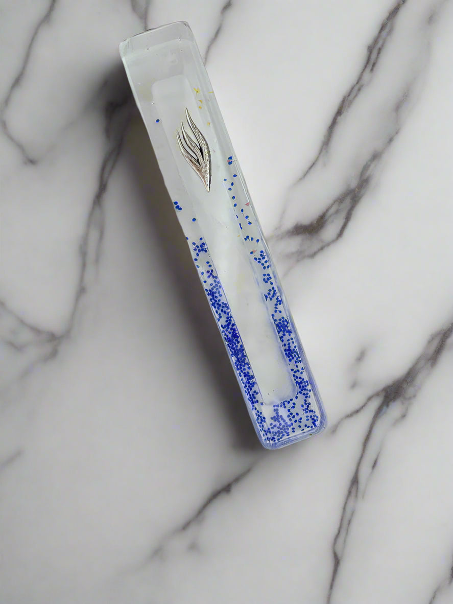 Clear Blue Micro Crushed Glass Mezuzah