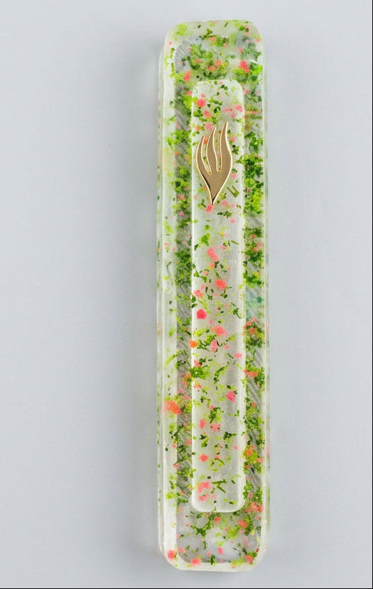 Light Green Leaf w/Pink Flower Mezuzah Case